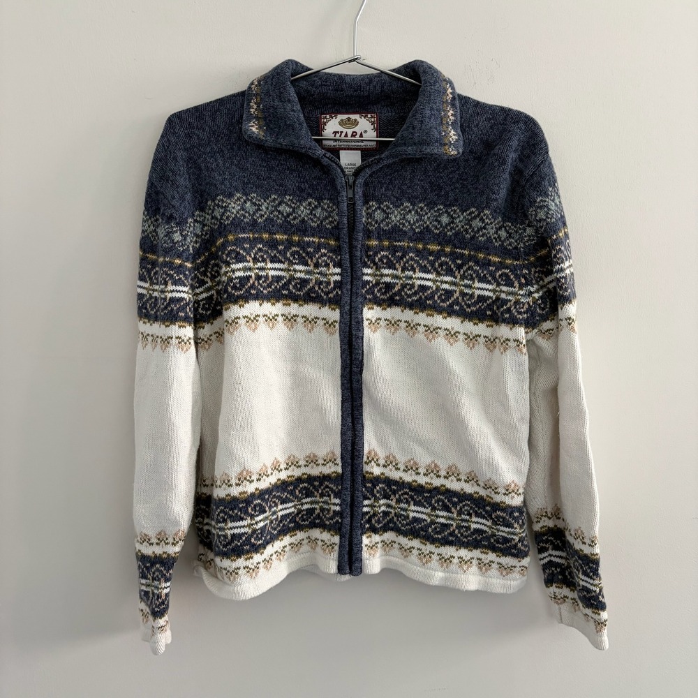Tiara International Mens Full Zip Fair Isle Sweater Blue White Cotton Ramie L